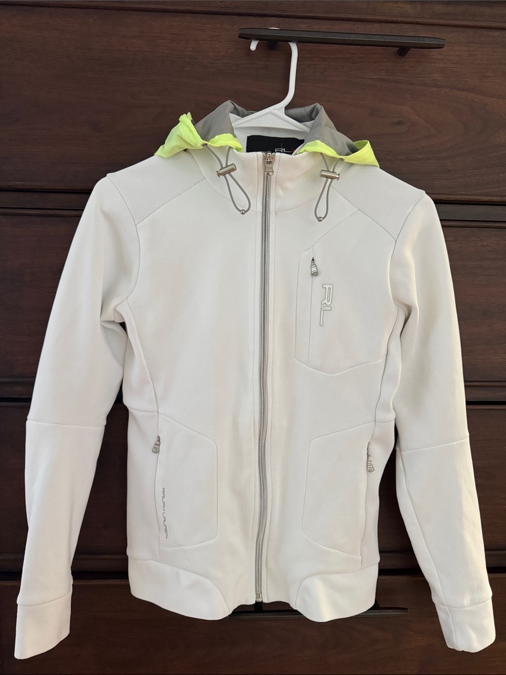 Ralph Lauren White Softshell Hooded Jacket with Neon Yellow Trim, XS